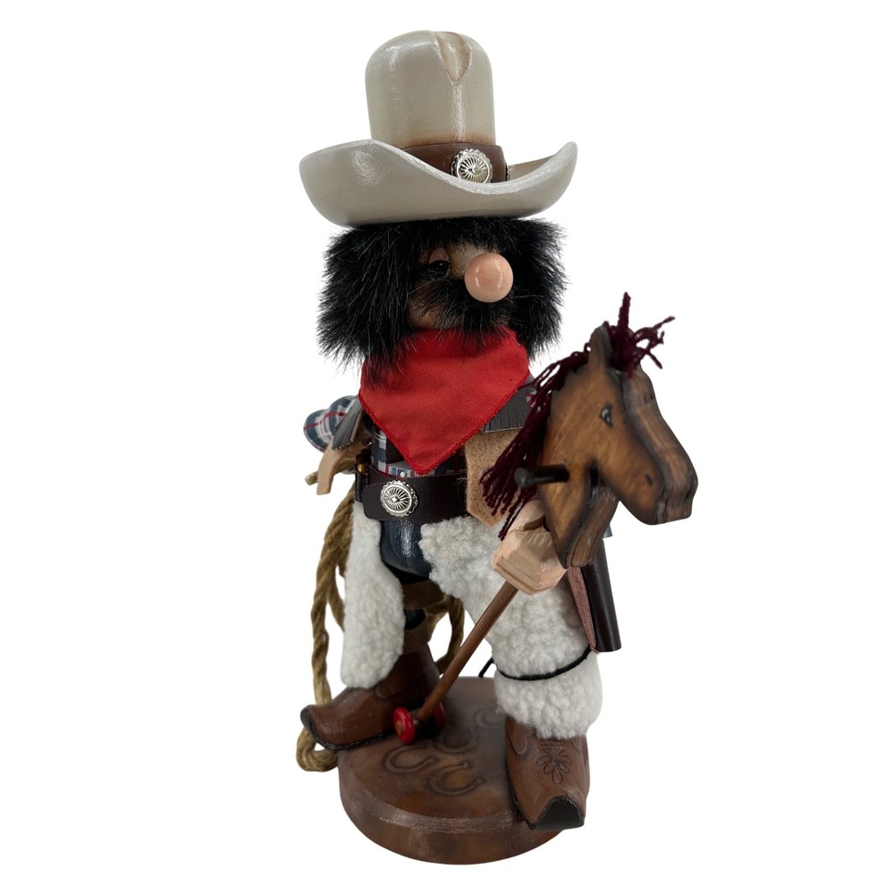 LJ Bell Handcrafted Wooden Cowboy Nutcracker Hobby Horse Lasso Folk Art 2001
